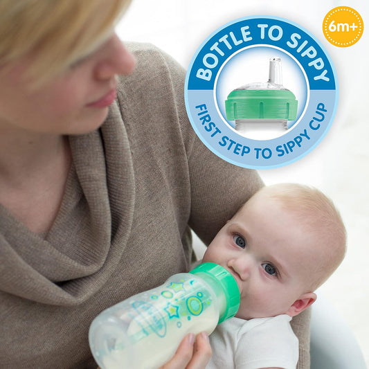 Dr. Brown'S Natural Flow Anti-Colic Options+Wide-Neck Sippy Bottle Starter Kit, 9Oz/270Ml, With Level 3 Medium-Fast Flow Nipple And 100% Silicone Soft Sippy Spout, 2 Pack, Green, 6M+