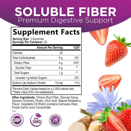 Fiber Gummies for Adults, Fiber 4g Gummy - Daily Prebiotic Supplement & Digestive Health Support, Supports Regularity & Natural Prebiotic Fiber Gummy, Plant Based Fiber, Strawberry Flavor - 60 Gummies