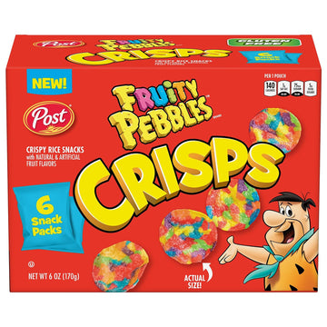 Fruity Pebbles Crisps, Portable Cereal Snack for Kids and Families, Gluten Free, 6 - 1 Ounce packs in each box, 1 box