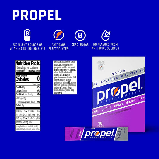 Propel Powder Packets Grape, With Electrolytes, Vitamins And No Sugar, 10 Count (Pack Of 12) (Packaging May Vary)