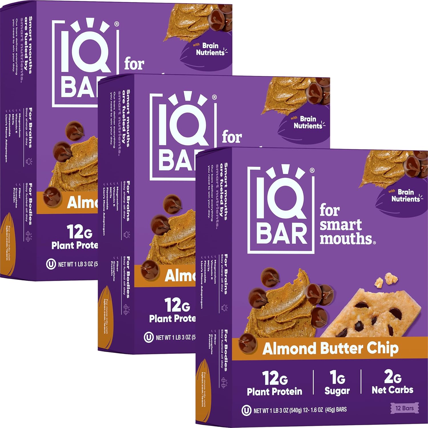 Iqbar Brain And Body Plant Protein Bars - Almond Butter Chip - 36 Count, Low Carb, High Fiber, Gluten Free, Vegan Snacks - Low Sugar Keto Energy Bars