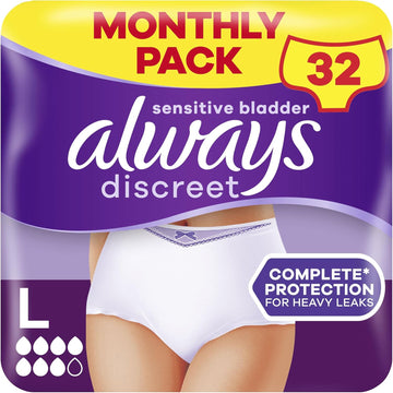 Always Discreet Incontinence Pants Women, Large, UK Size 16-22, White, Absorbency 7, 32 Underwear / Knickers (8 x 4 Packs), Heavy Bladder Leak Protection / Maternity Postpartum, Odour Neutraliser