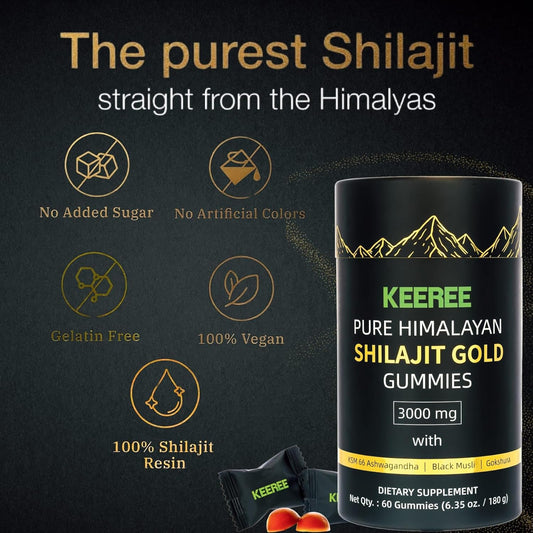 Pure Himalayan Shilajit Gummies Gold (60 Gummies) - Infused With Ashwagandha(Ksm66), Gokshura, Fulvic Acid & 85+Trace Minerals -No Added Sugar,Non-Gmo & Organic-Travel-Friendly Nutrition Support