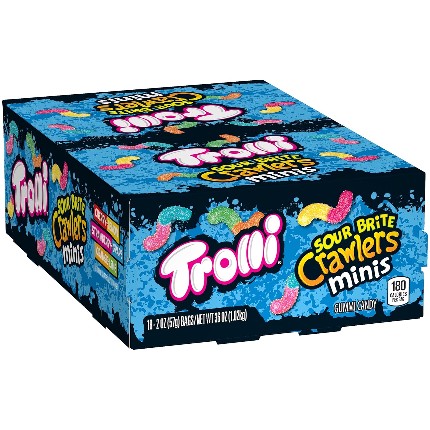 Trolli Mini Sour Brite Crawlers, Candy, Cherry-Lemon, Strawberry-Grape & Orange-Lime, Sweet And Sour, Gummy Worms, Back To School Sweet Treat, 2 Oz (18 Ct)