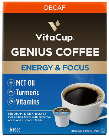 Decaf Genius Keto Coffee Pods With Mct Oil, Turmeric, And B Vitamins By Vitacup For Focus In Recyclable Single Serve Pod Compatible With K-Cup Brewers Including Keurig 2.0, 16 Ct