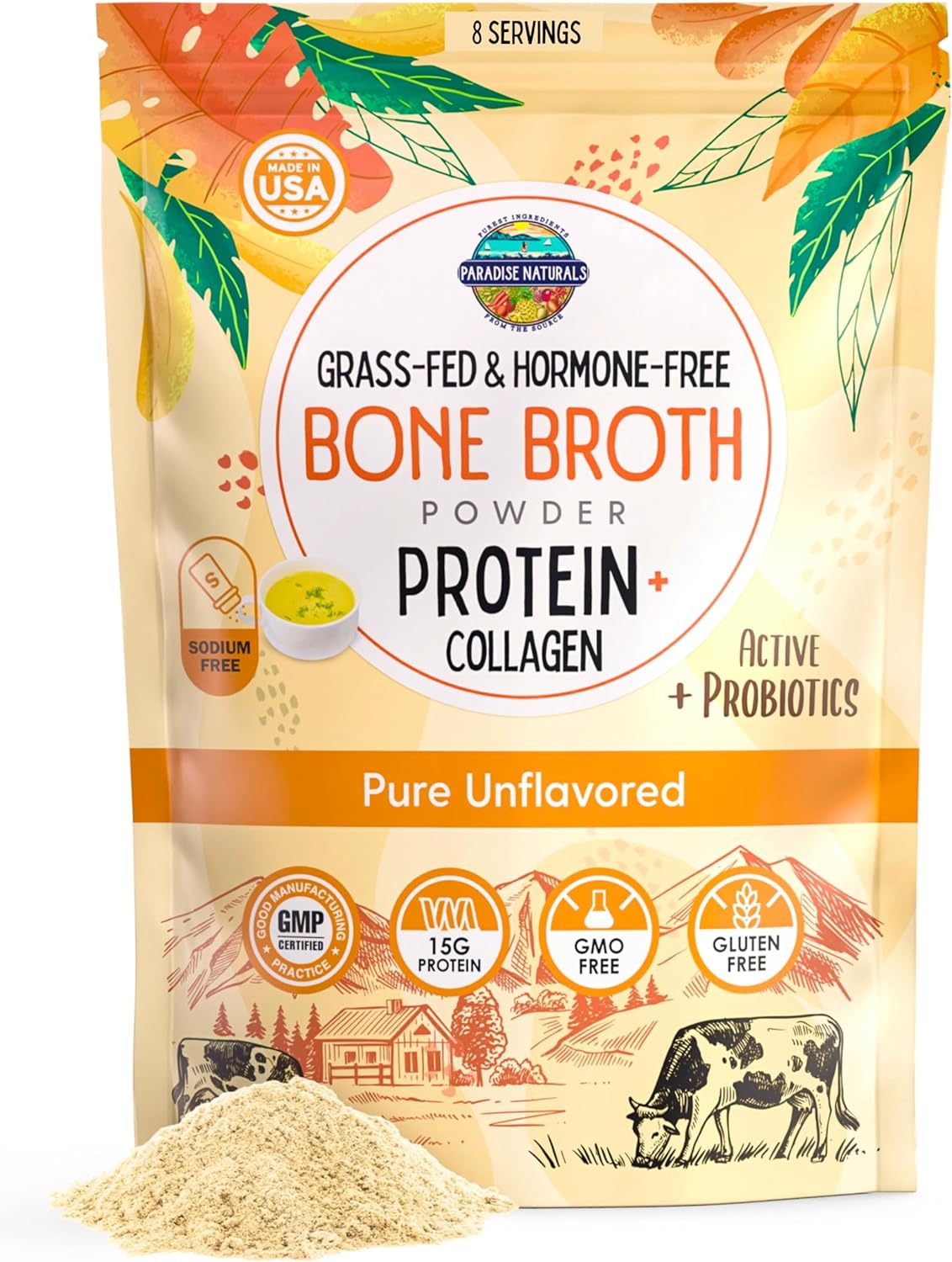 Paradise Naturals 100% Grass-Fed Beef Bone Broth Protein Powder -Active Probiotics- Collagen Peptide Rich, 15g Protein, Non-GMO, Low Sodium, Healthy Skin Hair Joints, Gut Health, Paleo Keto, No Gluten