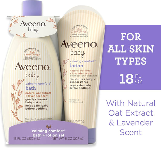 Aveeno Baby Calming Comfort Bath & Lotion Set, Nighttime Baby Skin Care Products With Natural Oat, Lavender & Vanilla Scents, Paraben-, Phthalate- & Phenoxyethanol-Free, 2 Items