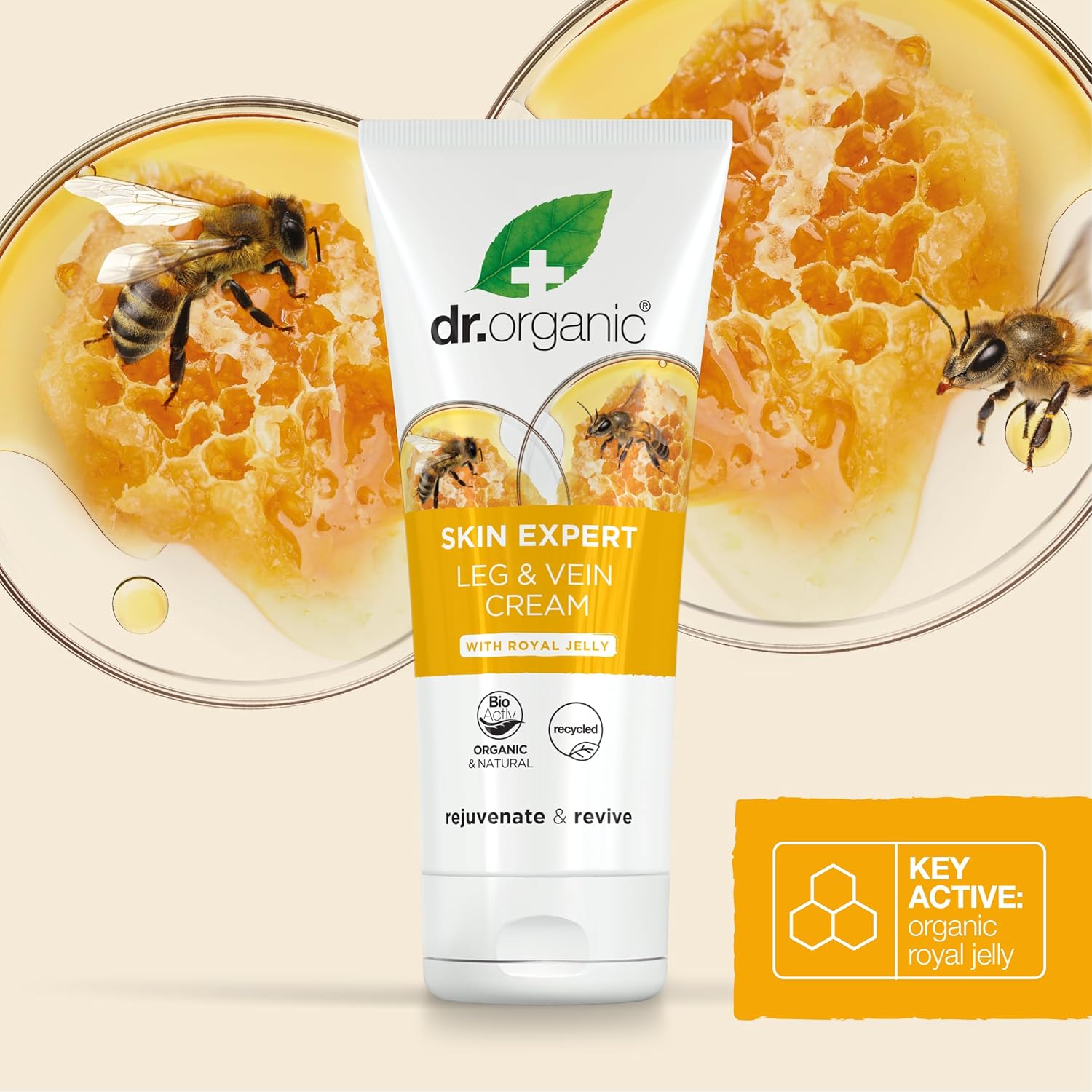 Dr Organic Skin Expert Leg & Vein Cream With Organic Royal Jelly, Moisturising, Heavy Legs, Natural, Vegetarian, Cruelty-Free, Paraben & Sls-Free, Recycled & Recyclable, 200Ml, Packaging May Vary