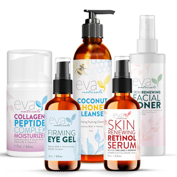 Retinol Serum, Collagen Peptide Moisturizer, Coconut And Honey Cleanser, Facial Toner & Eye Gel Bundle