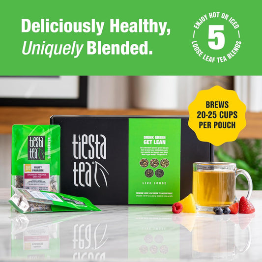 Tiesta Tea - Loose Leaf Green Tea Gift Box | Medium Caffeinated Tea Variety Pack | Make Hot & Iced Tea | 5 Pouches Of Assorted Tea Blends With Chinese Gunpowder, Chinese Jasmine, And Fruity Green Tea