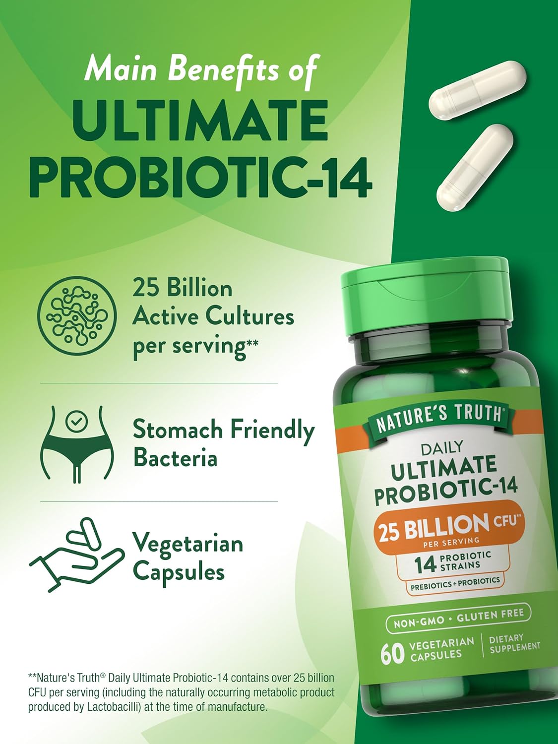 Probiotics for Men and Women | 25 Billion CFU | 60 Capsules | 14 Strains | Non-GMO & Gluten Free Digestive Health Supplement | by Nature's Truth : Health & Household