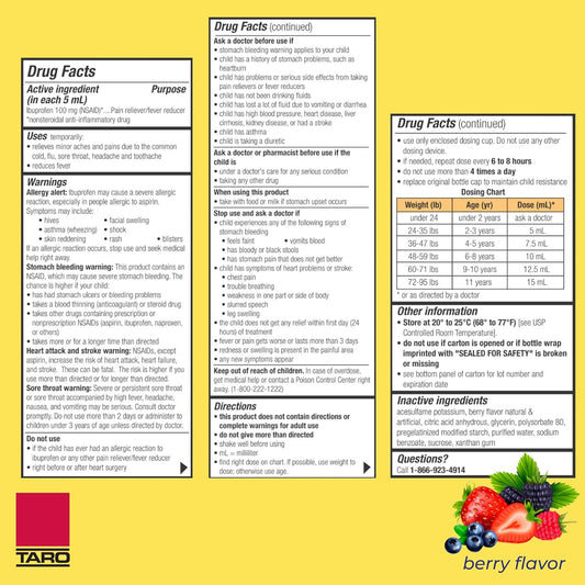 Taro Children'S Ibuprofen Oral Suspension 100 Mg Per 5 Ml, 4 Fl Oz, Pain Reliever And Fever Reducer For Ages 2-11 Years, Dye-Free, Berry Flavor
