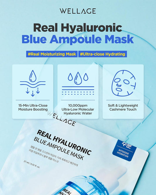 Wellage Real Hyaluronic Blue Ampoule Face Mask - Deep Hydration, Moisture Boost With 10,000Ppm Ultra-Low Molecular Hyaluronic Acid - Soft Vegan Cashmere Sheet For Sensitive Skin, 5 Sheets