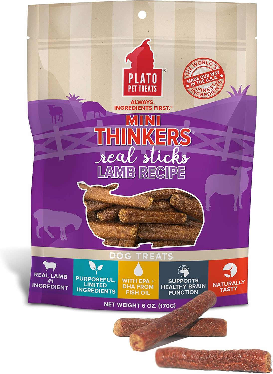 Plato Pet Treats Air Dried Dog Treats Lamb Mini Thinkers Sticks, Natural Dog Treats, Real Meat, Air Dried, Made in the USA, 6oz