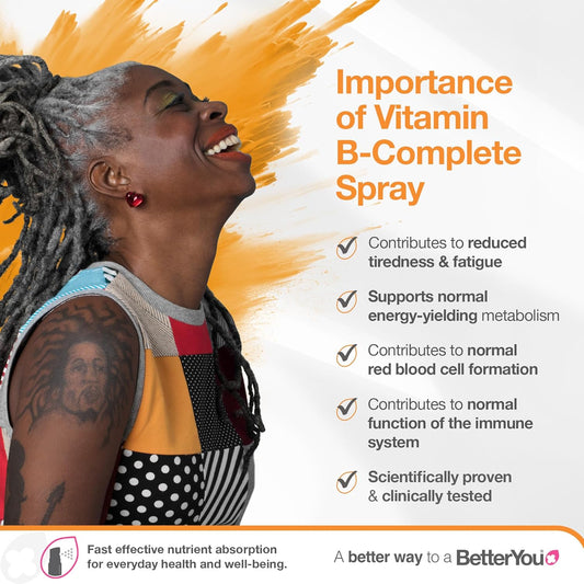Betteryou B-Complete Oral Spray, Fast Acting B-Complex Supplement, High Strength Blend Of All 8 B-Vitamins, Natural Peach, Plum & Raspberry Flavour, 1-Month Supply