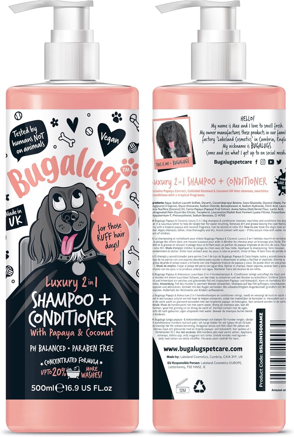 Dog Shampoo Luxury 2 in 1 Papaya & Coconut Dog Grooming Shampoo Products for Smelly Dogs with Fragrance, Best Puppy Shampoo, Professional Groom Vegan pet Shampoo & Conditioner