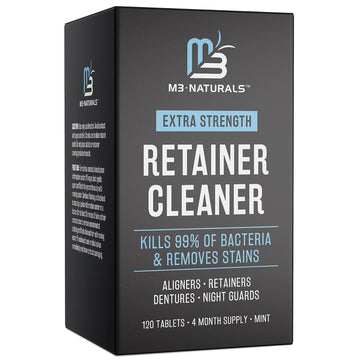 M3 Naturals Retainer Cleaner And Soak Container, No-Mess Cleaning Tablets With Universal Denture Bath Case And Strainer, Multipurpose, For Mouth Guard Stains, Odor, And Plaque