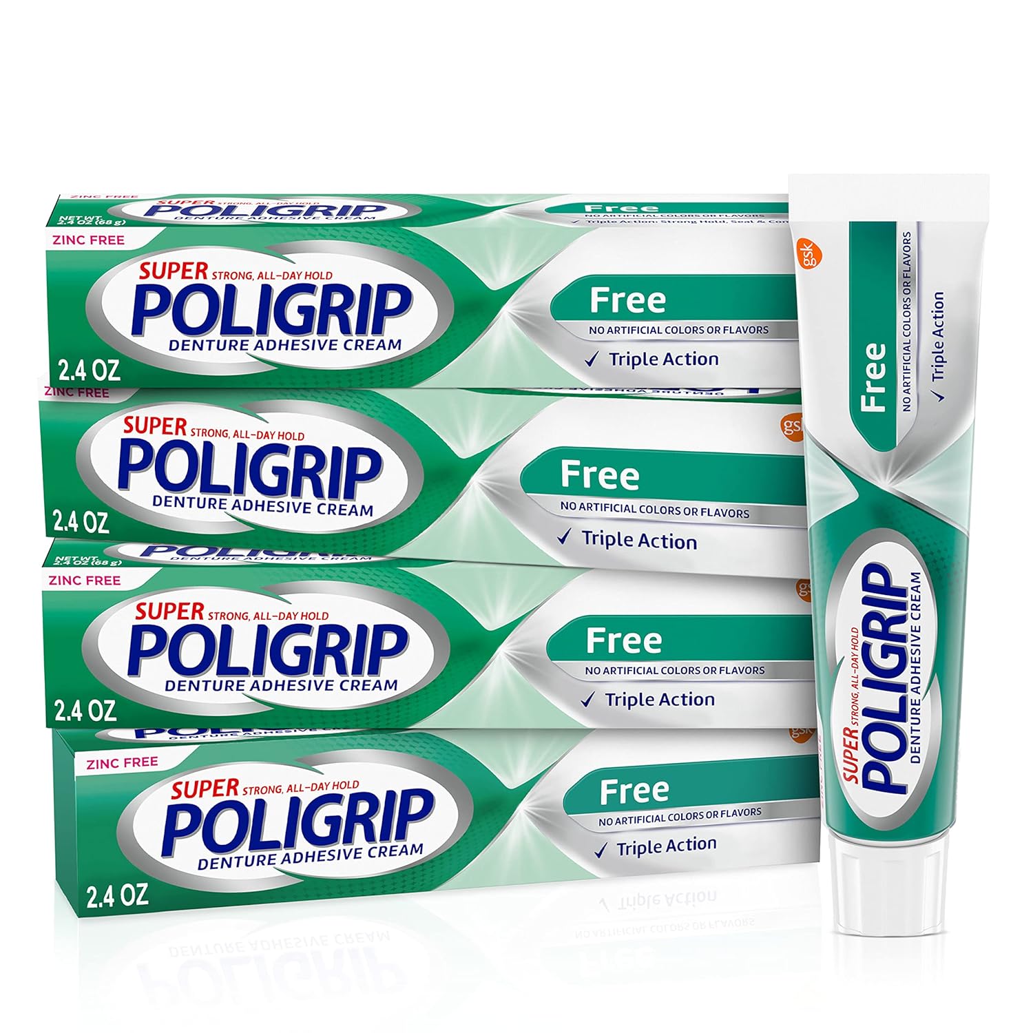 Super Poligrip Zinc Free Denture And Partials Adhesive Cream, 2.4 Ounce (Pack Of 4)