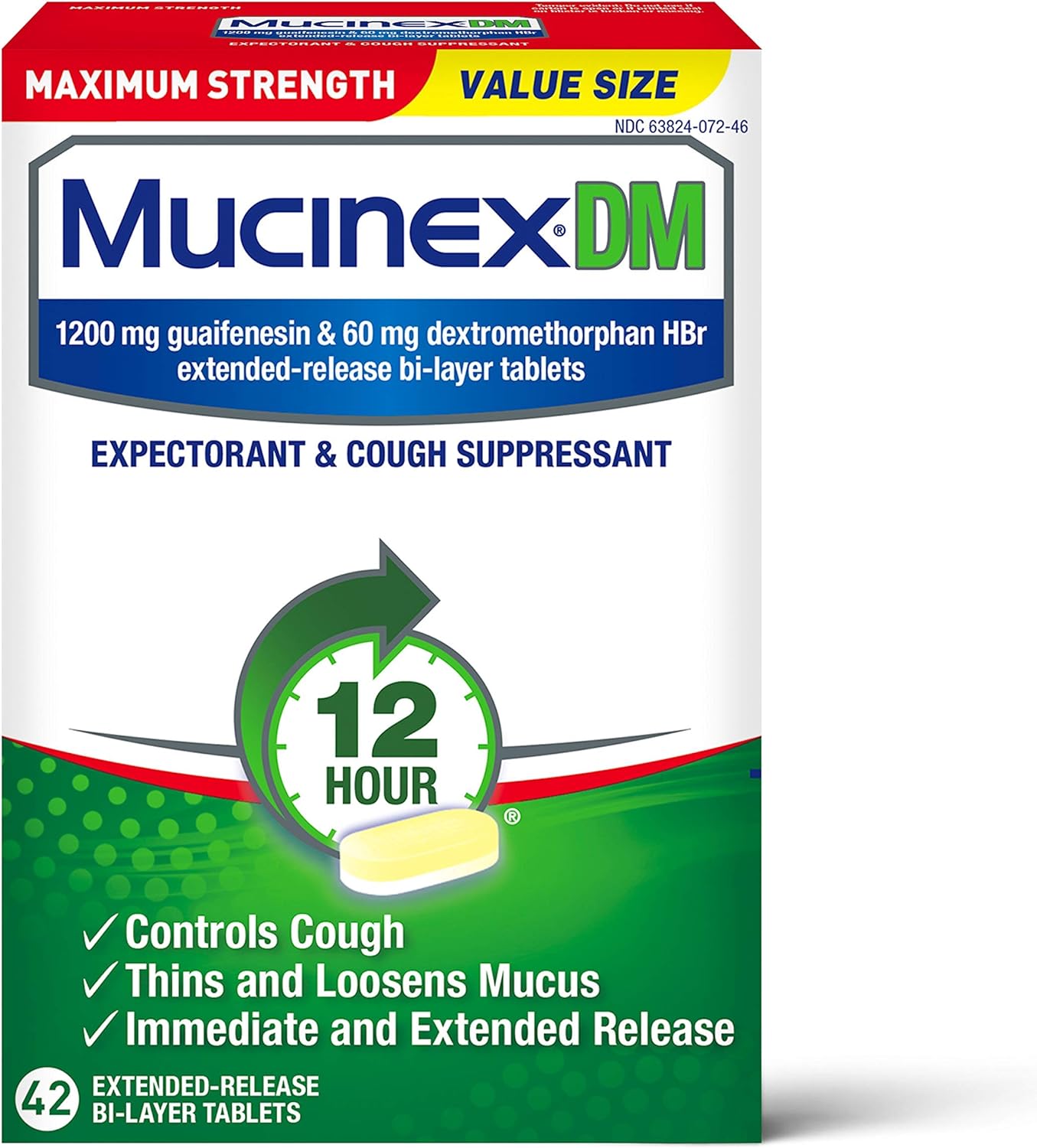 Cough Suppressant and Expectorant, Mucinex DM Maximum Strength 12 Hr Relief Tablets, 42ct, 1200 mg, Thins & loosens Mucus That Causes Chest Congestion