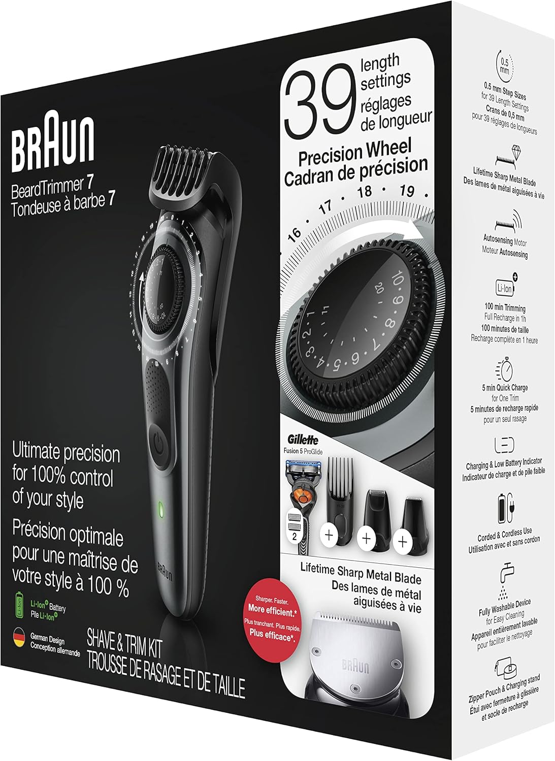 Braun Beard Detail Trimmer, Hair Clippers for Men, Cordless & Rechargeable, Mini Foil Shaver with Gillette ProGlide Razor, Silver, 10 Piece Set : Beauty & Personal Care