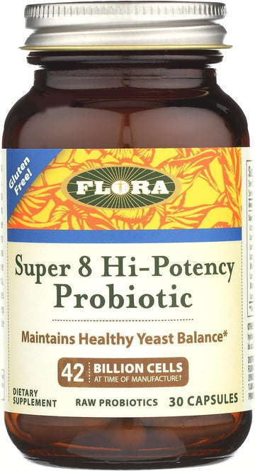 Flora Super 8 Hi Potency Probiotics 30 Count - Healthy Yeast Balance & Digestive Health - For Men & Women - 42 Billion Cfu, Raw, Gluten Free - Up To 1 Month Supply