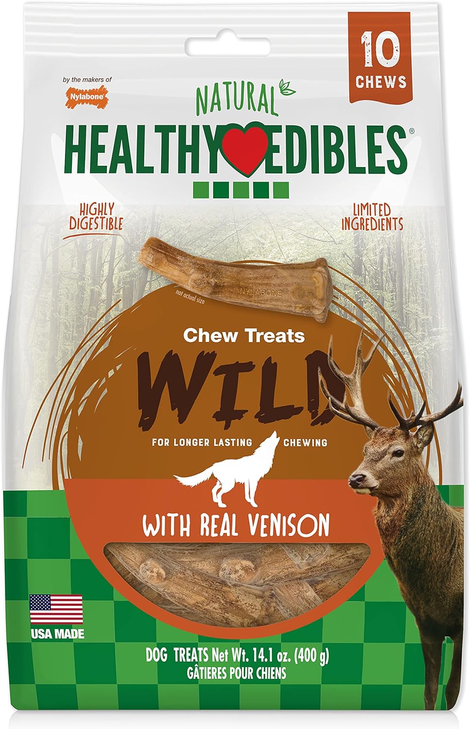 Nylabone Healthy Edibles WILD Antler Natural Long Lasting Venison Flavor Dog Chew Treats Antler Medium/Wolf (10 Count), -