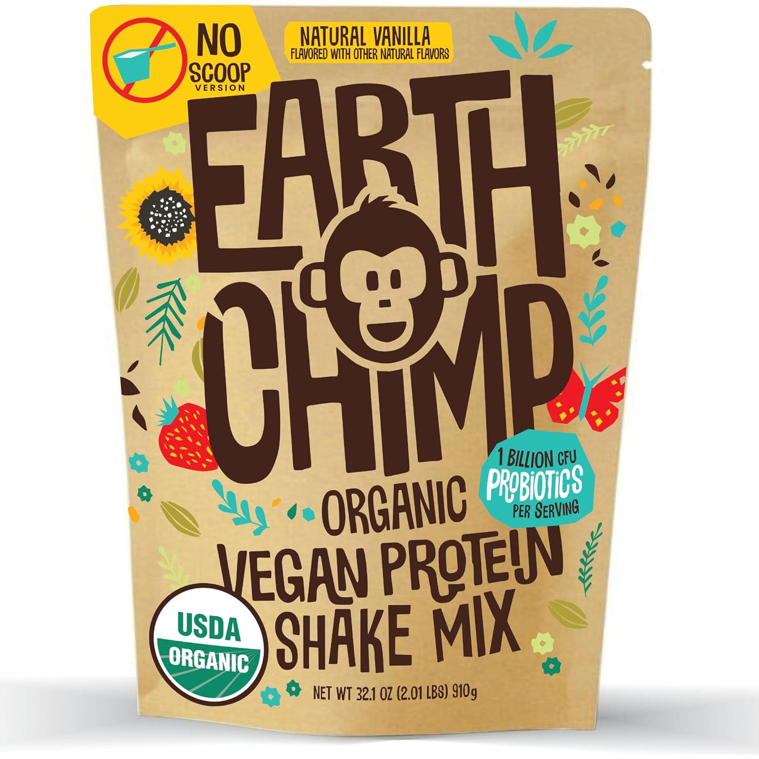 EarthChimp Organic Vegan Protein Powder - with Probiotics - Non GMO, Dairy Free, Non Whey, Plant Based Protein Powder for Women and Men, Gluten Free - 26 Servings 32 Oz (Vanilla) No Scoop