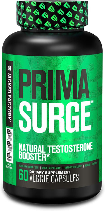 Jacked Factory Testosterone Booster For Men Primasurge - W/Tongkat Ali, Primavie, Ashwagandha - Boost Vitality, Muscle Growth & Energy | Natural Test Booster Supplement - 60 Veggie Pills