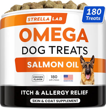 Strellalab Fish Oil Omega 3 Treats For Dogs (180 Treats) - Allergy & Itch Relief - Skin & Coat Supplement - Joint Health - Wild Alaskan Salmon Oil - Shedding, Itchy Skin Relief - Omega 3 6 9 - Epa&Dha