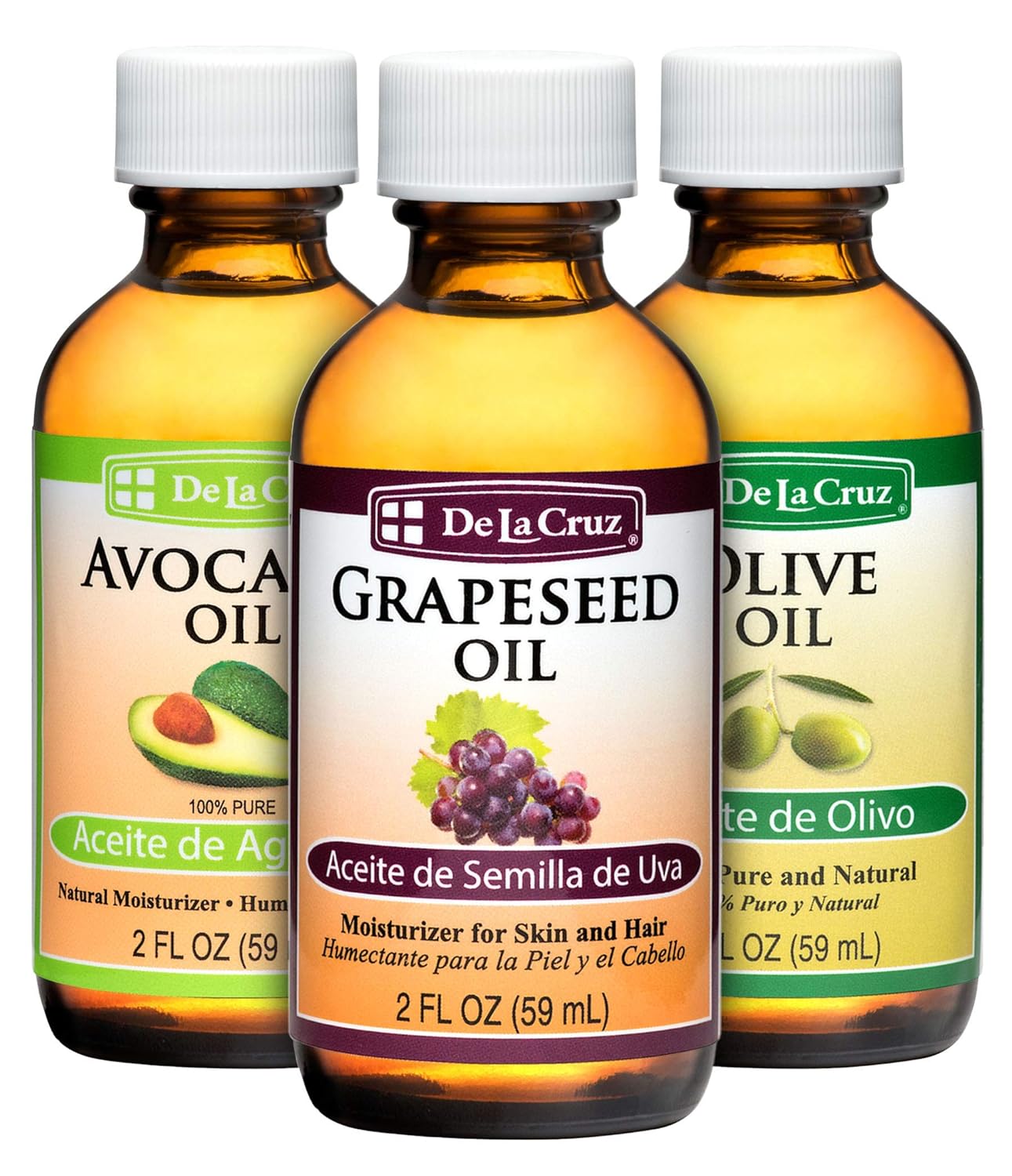 De La Cruz Avocado Oil, Pure Olive Oil and Grapeseed Oil Bundle - 100% Expeller Pressed Pure and Natural Oils for Hair and Body - Lightweight Body Oil Collection for Dry Skin
