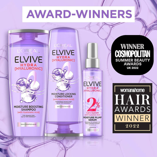 L'Oreal Paris Elvive Hydra Hyaluronic Shampoo, Conditioner And Serum Set With Hyaluronic Acid, Hair Care Treatment With Anti Frizz Spray For Dry Hair, Shampoo 500Ml, Conditioner 400Ml, Serum 150Ml