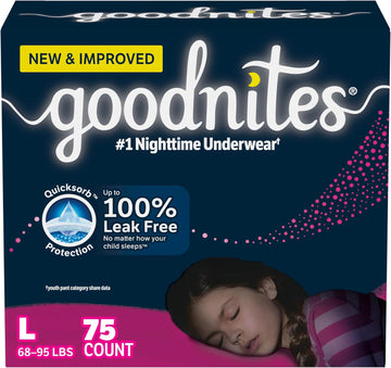 Goodnites Girls' Nighttime Bedwetting Underwear, Size Large (68-95 Lbs), 75 Ct (3 Packs Of 25), Packaging May Vary