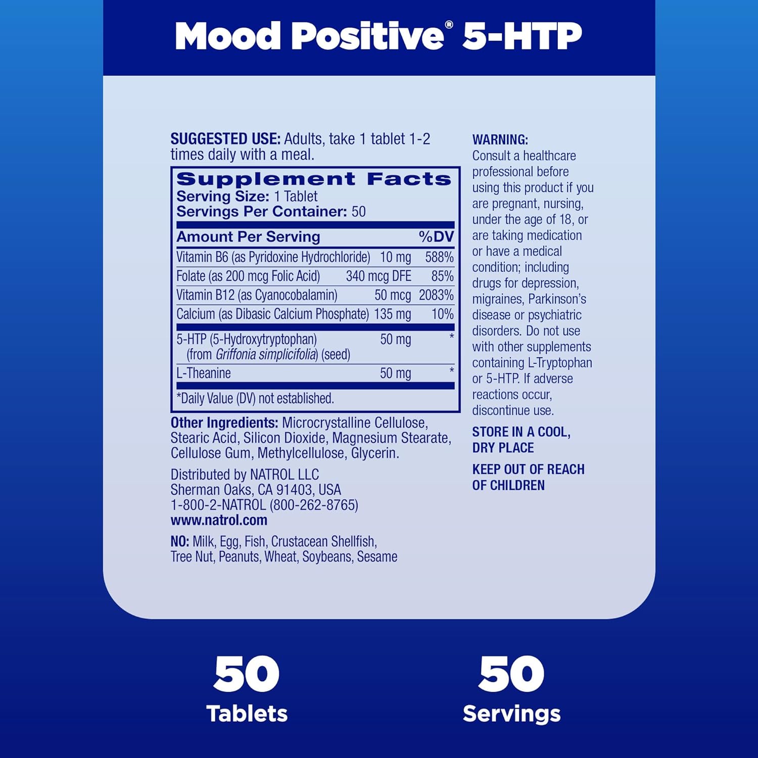 Natrol Mood Positive 5-HTP 50mg With L-Theanine, Vitamin B6, Vitamin B12 and Folate, Dietary Supplement Helps Support a Positive Mood, 50 Tablets, 25-50 Day Supply : Health & Household