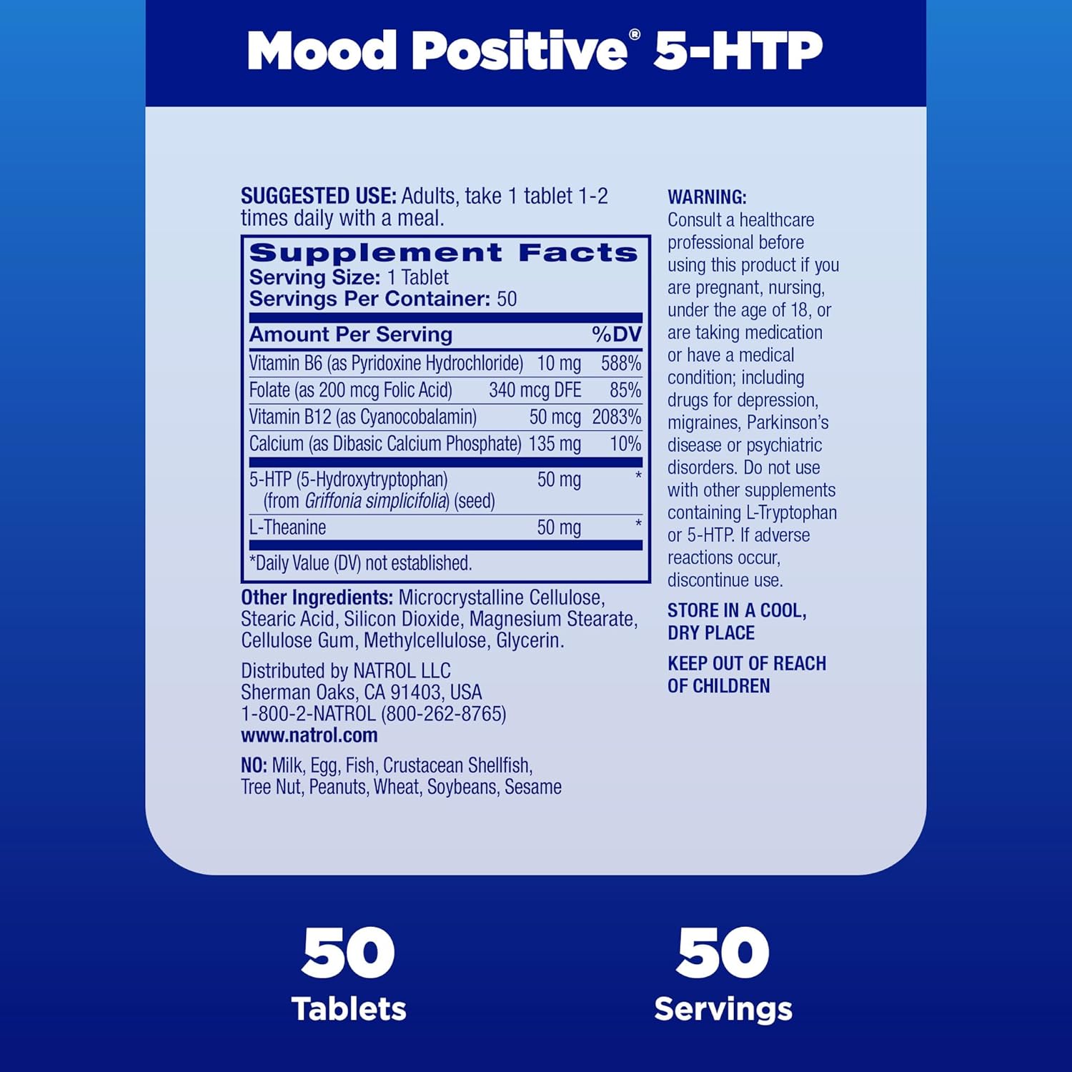 Natrol Mood Positive 5-Htp 50Mg With L-Theanine, Vitamin B6, Vitamin B12 And Folate, Dietary Supplement Helps Support A Positive Mood, 50 Tablets, 25-50 Day Supply (Pack Of 12)