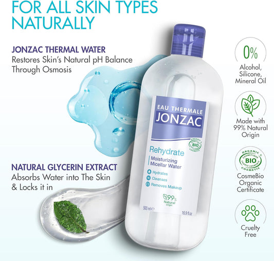 Eau Thermale Jonzac – Moisturizing Micellar Water - Rehydrate Dehydrated Skin, Even Sensitive - Organic Certified - 500 Ml Bottle