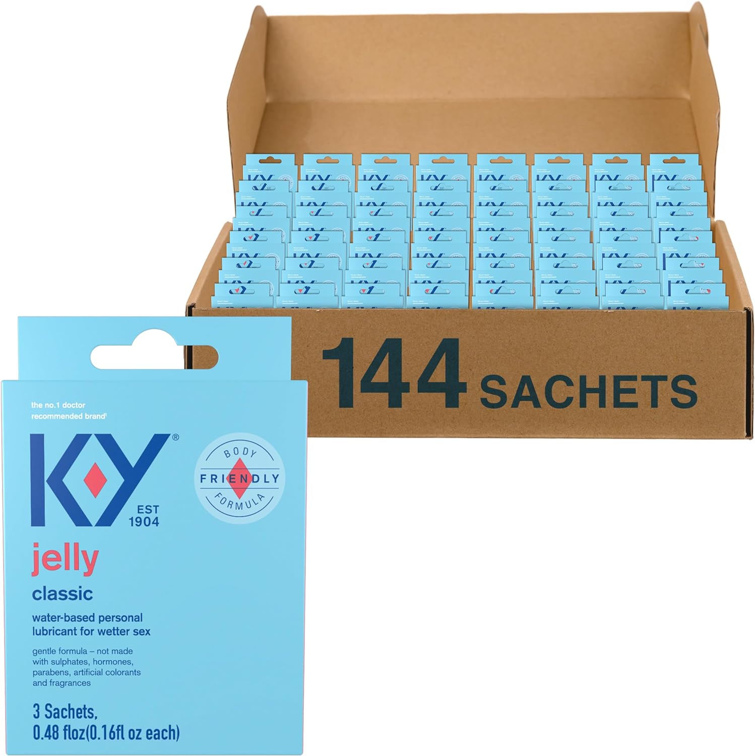 K-Y Jelly Lube, Personal Lubricant, Body Friendly Water-Based Lube, Safe For Anal Sex, Safe To Use With Latex Condoms, For Men, Women And Couples, 3X0.16 Fl Oz Sachets (Pack Of 48, 144 Total Sachets)