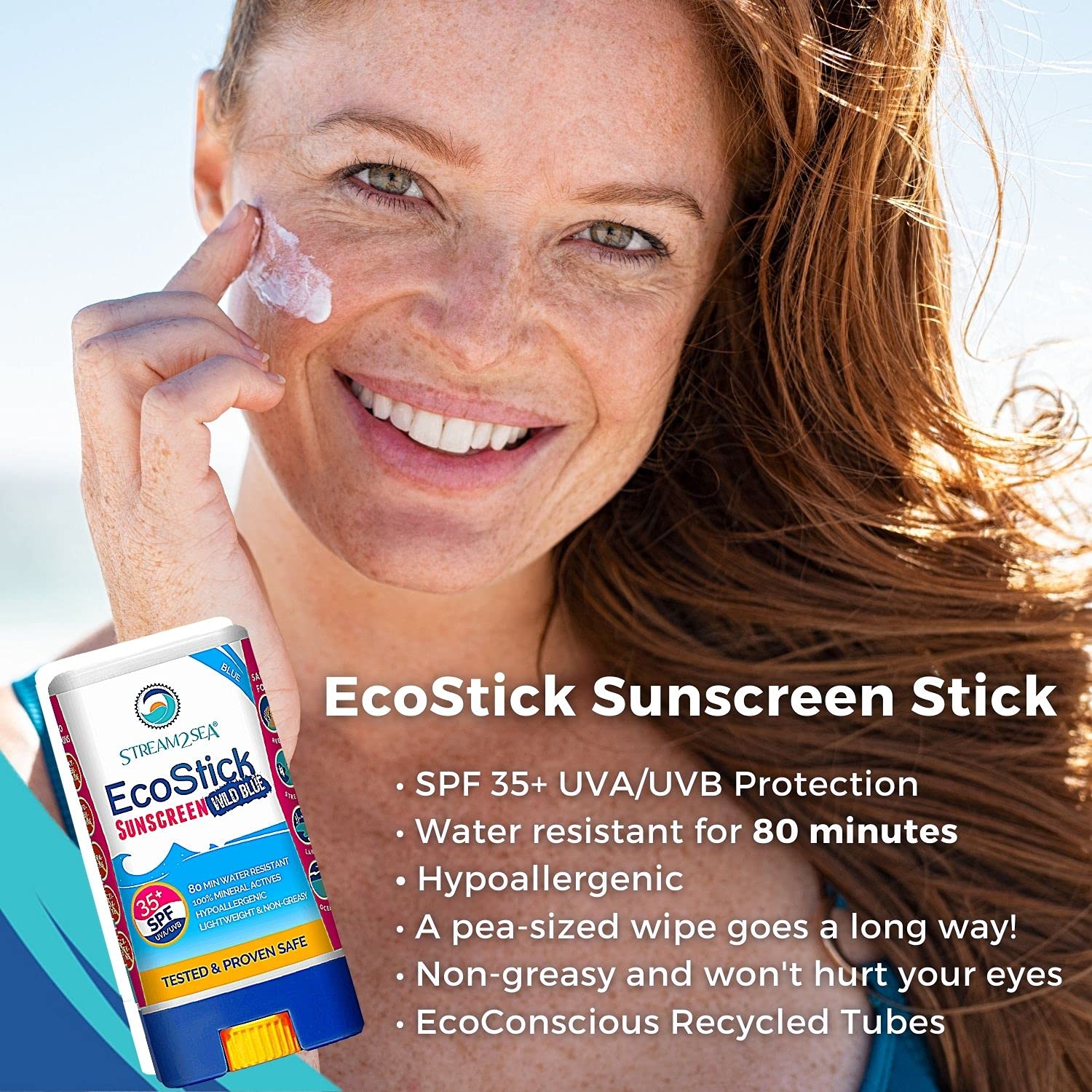 STREAM 2 SEA EcoStick SPF 35 Mineral Sunscreen Stick, Sweat and Water Resistant Sunblock, USDA Approved Biodegradable Paraben Free and Reef Safe Sunscreen Protection Against UVA UVB (EcoStick Sport) : Beauty & Personal Care
