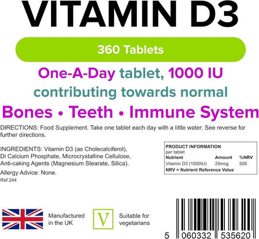 Lindens Vitamin D3 1000IU - 360 Tablets - Immune System, Bones, Teeth, UK Manufacturer Immune Support | (4 Months Supply) | Suitable for Vegetarians | Letterbox Friendly