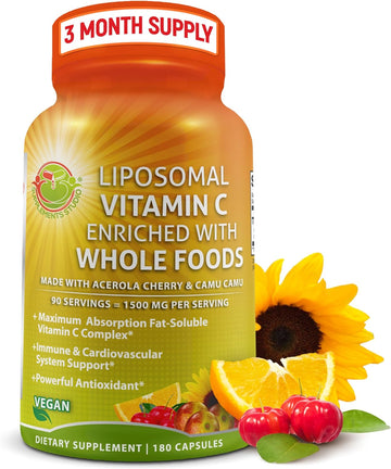 Liposomal Vitamin C Capsules - 1500mg - Made with Organic Acerola Cherries & Camu Camu, High Potency Vitamin C Liposomal - Immune Support Supplement, Enhanced Absorption & Bioavailability - 180 count