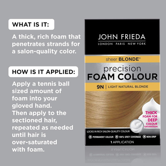John Frieda Blonde Permanent Precision Foam Hair Color, Blonde Hair Dye, 9N Light Natural Blonde Hair Color Kit, 1 Application