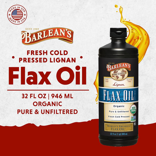 Barlean'S Organic Lignan Omega 3 Flaxseed Oil Liquid Supplement For Men And Women, Cold Press Flax Seeds, 7230Mg Ala Fatty Acid, Vegan And Gluten Free, 32 Oz