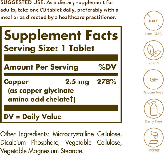 Solgar Chelated Copper, 100 Tablets - Essential For Collagen Formation - Highly Bioavailable Form - Supports Connective Tissue - Non-Gmo, Vegan, Gluten Free, Dairy Free, Kosher - 100 Servings