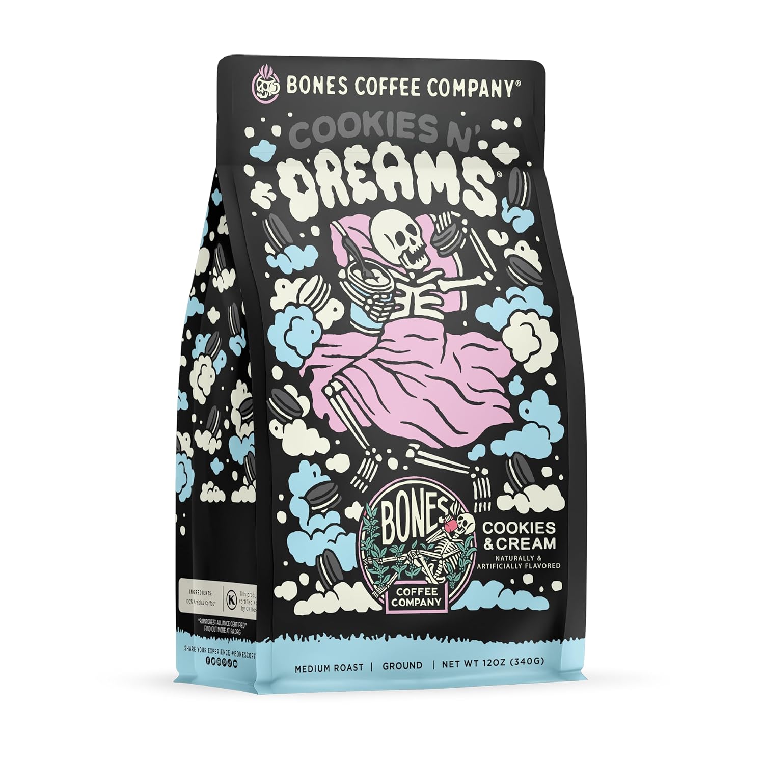 Bones Coffee Company Cookies 'N Dreams Flavored Coffee Beans & Ground Coffee Cookies & Cream Flavor | 12 oz Medium Roast Arabica Low Acid Coffee | Gourmet Coffee (Ground)