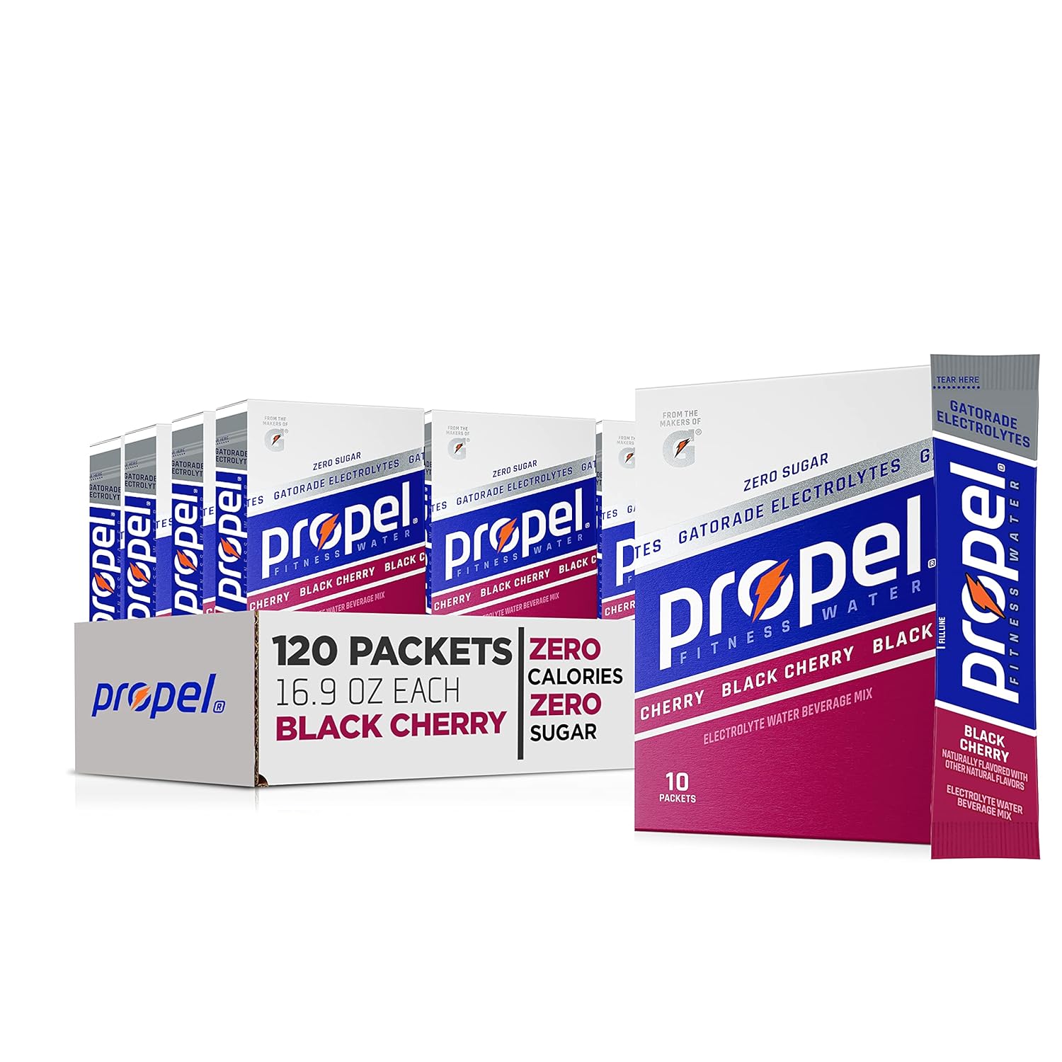 Propel Powder Packets, Black Cherry With Electrolytes, Vitamins And No Sugar (Packaging May Vary), 10 Count (Pack Of 12)