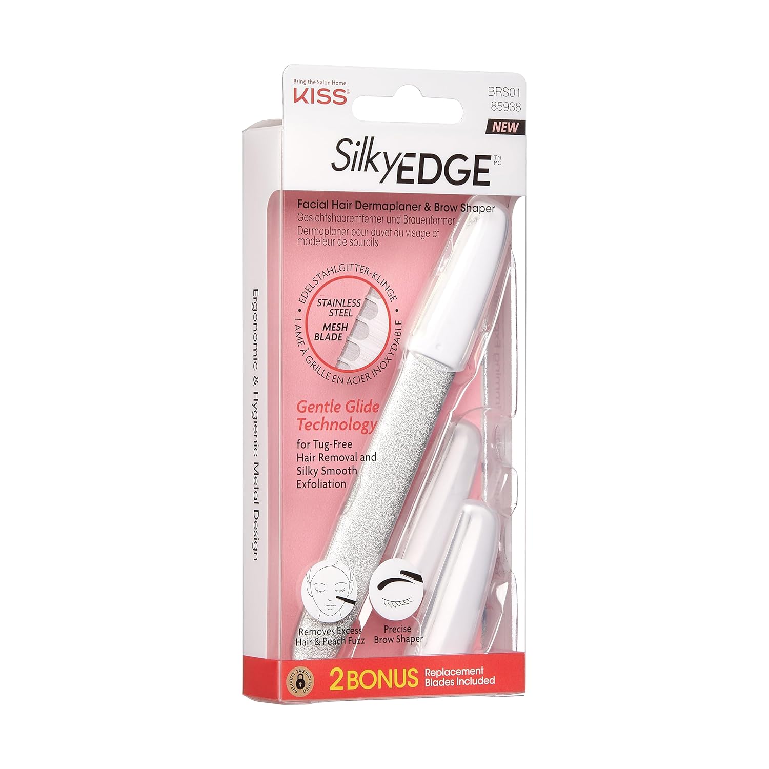 Kiss Silkyedge Facial Hair Dermaplaner & Precise Brow Shaper, Stainless Steel Mesh Blade, Gentle Glide Technology, Tug-Free Hair Removal & Silky Smooth Exfoliation, Includes 2 Replacement Blades : Beauty & Personal Care