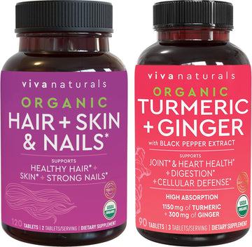 Organic Hair Skin And Nails Vitamins + Organic Turmeric With Black Pepper & Ginger Bundle, Made With Biotin 5000Mcg For Healthy Hair, Turmeric For Natural Joint Support