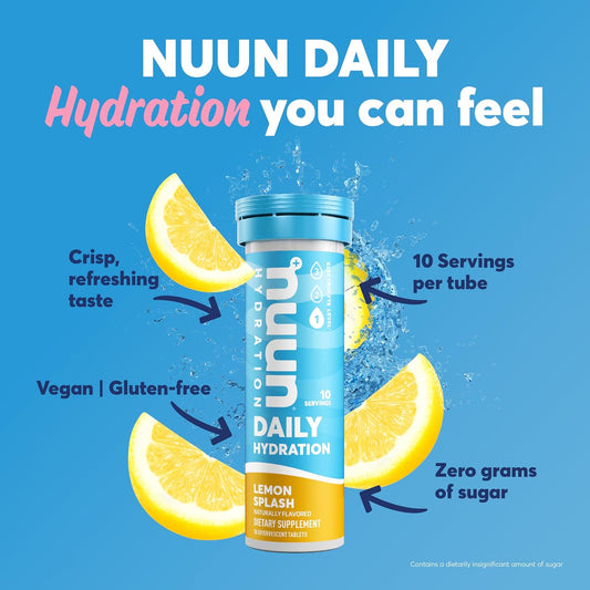 Nuun Hydration Daily, Wellness Electrolyte Tablets, Lemon Splash | No Sugar | 5 Essential Electrolytes For Hydration| Vegan, Gluten Free | 8 Pack (80 Servings)