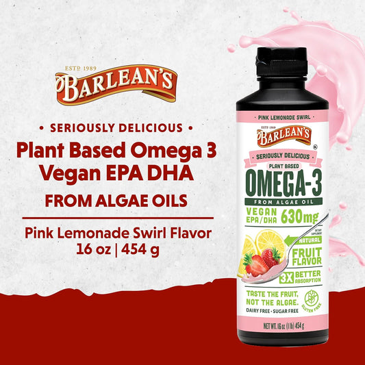 Barlean's Pink Lemonade Vegan Omega 3 Supplement, Liquid Algae Oil with 630 mg EPA & DHA, Plant Based Omegas from Algal Oil, Non-GMO & Gluten Free, 16 oz