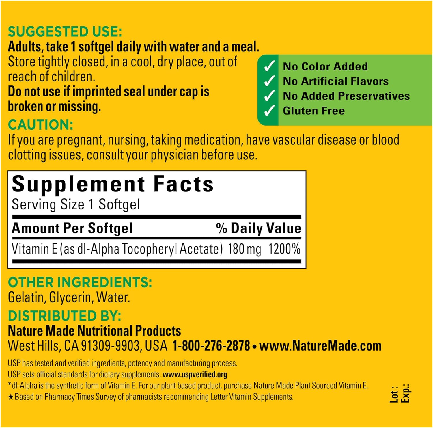 Nature Made Vitamin E 180 mg (400 IU) dl-Alpha, Dietary Supplement for Antioxidant Support, 300 Softgels, 300 Day Supply : Health & Household