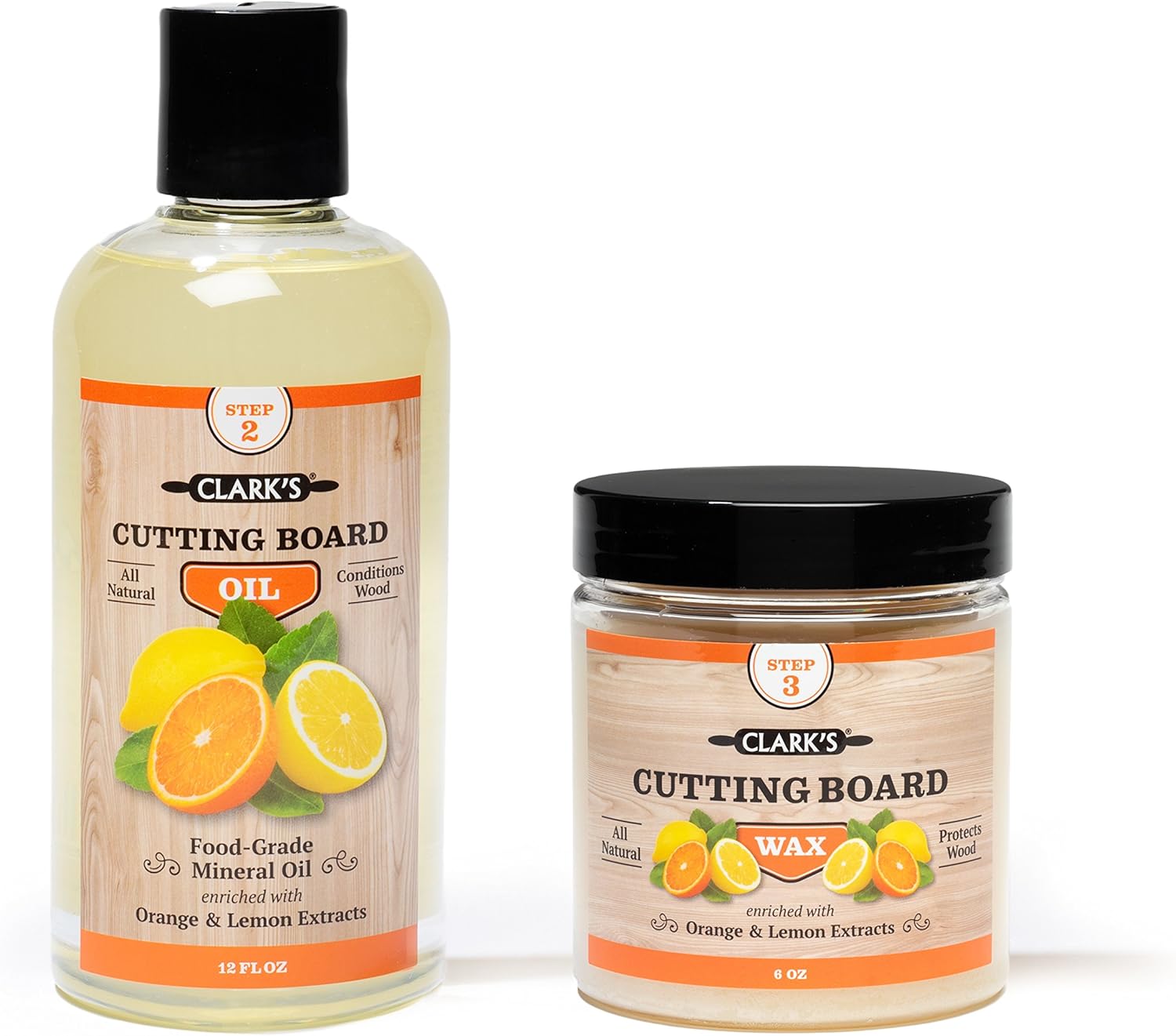 CLARK'S Cutting Board Oil And Wax Kit - All Natural Food Grade Mineral Oil - 2-Step Set To Restore And Preserve Your Boards Natural Beauty - Easy To Apply - 100% Natural Food Grade Ingredients